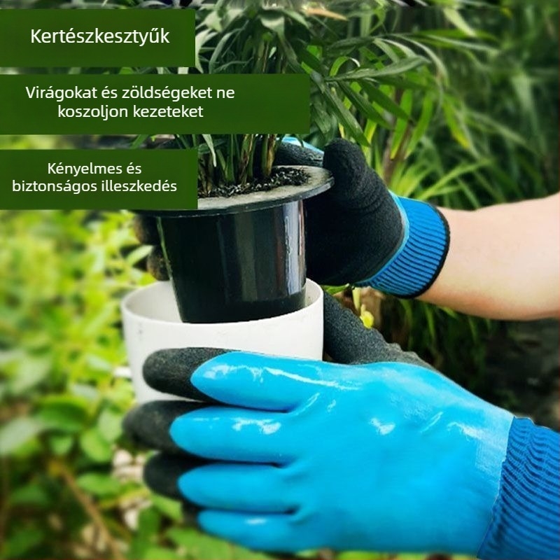 Kerti kesztyű marhabőrből, vágásálló és szúrásálló, vízálló, rózsák ültetéséhez, virágok gondozásához és gyomláláshoz.