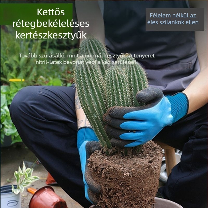 Kerti kesztyű marhabőrből, vágásálló és szúrásálló, vízálló, rózsák ültetéséhez, virágok gondozásához és gyomláláshoz.