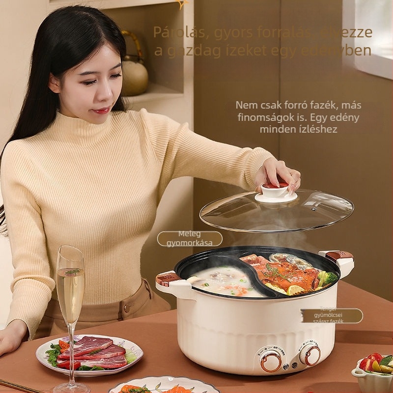 Mindent egyben elektromos forró fazék sütésre, párolásra és főzésre – kevesebb mint 800 W, test magas boroszilít üvegből, belső tartály porcelán kristályból, 3–4 személyes