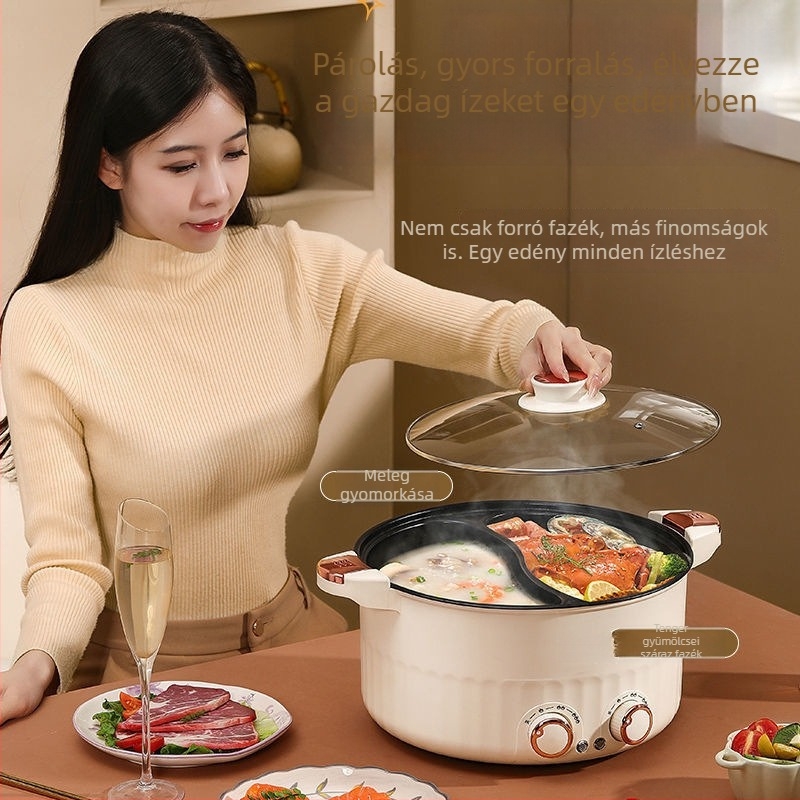 Mindent egyben elektromos forró fazék sütésre, párolásra és főzésre – kevesebb mint 800 W, test magas boroszilít üvegből, belső tartály porcelán kristályból, 3–4 személyes