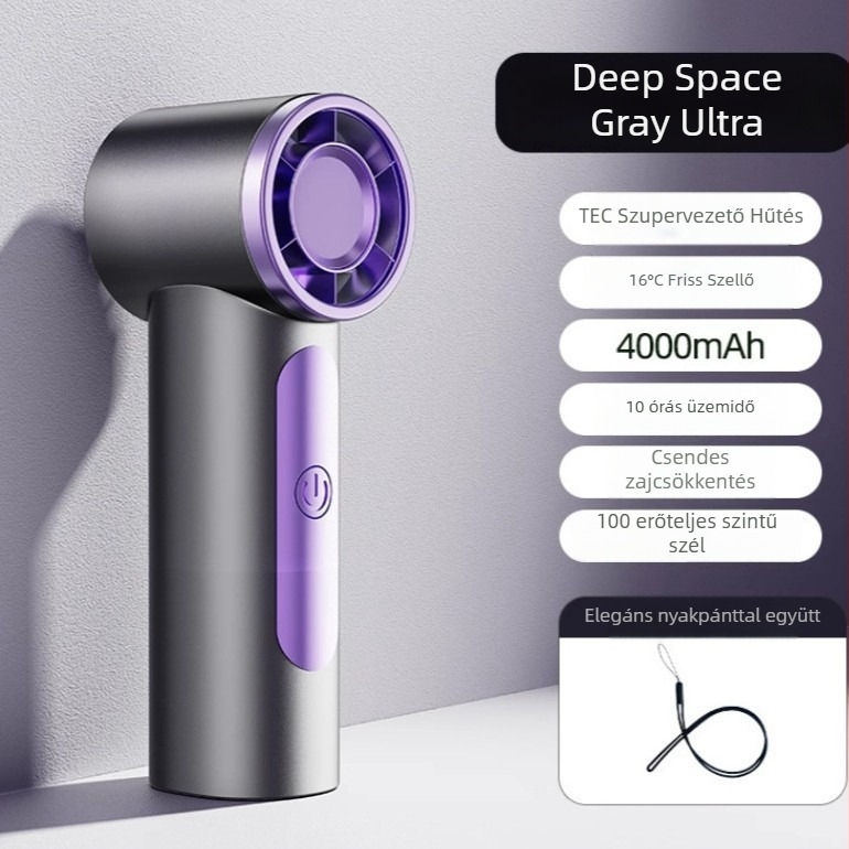 Kézi USB ventilátor brushless motorral, beépített lítium akkumulátor, USB töltés, digitális kijelző, 6 sebesség
