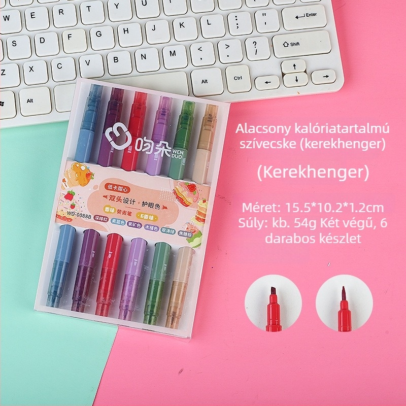 Kétoldalas highlighter készlet, 6 darab, logóval ellátva, ajándékhoz ideális