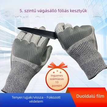 5-ös vágásbiztos kesztyű filmmintás felület, csúszásmentes gumi markolat és kopásálló kivitel építőgépek kezelésére