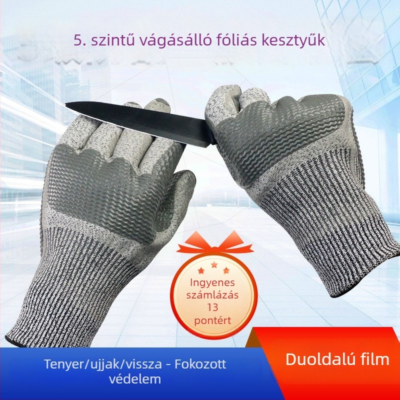 5-ös vágásbiztos kesztyű filmmintás felület, csúszásmentes gumi markolat és kopásálló kivitel építőgépek kezelésére