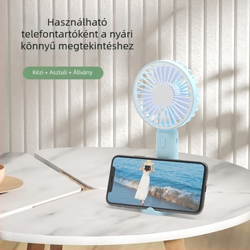USB újratölthető asztali és kézi ventilátor, csendes működés, erős légáram, telefon-tartóval, diákok számára