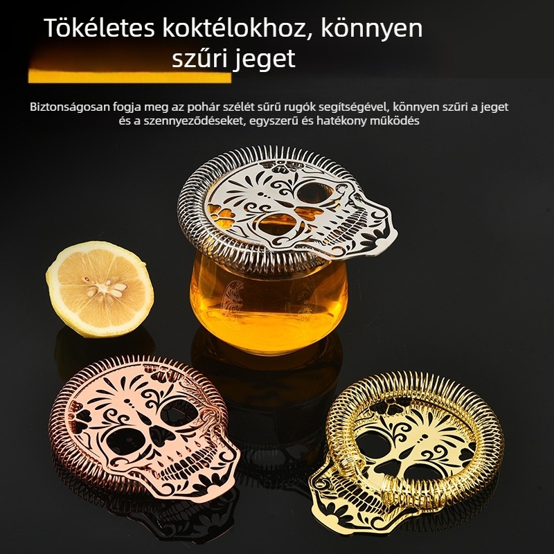 Koktél jegszűrő rozsdamentes acélból, rövid skeletális üreges fej dizájn, 12,5×10 cm, 74 g