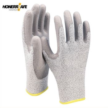 HPPE vágásbiztos kesztyű PU bevonatú tenyérrel, 5-ös szintű vágásvédelem, csúszásmentes, olajálló, húsfeldolgozásra