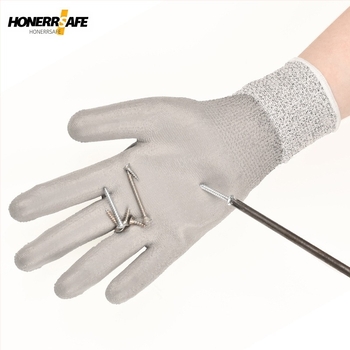 HPPE vágásbiztos kesztyű PU bevonatú tenyérrel, 5-ös szintű vágásvédelem, csúszásmentes, olajálló, húsfeldolgozásra