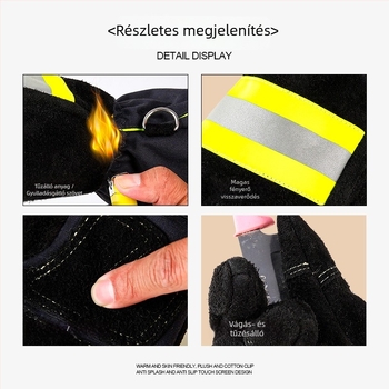 Tűzoltó kesztyűk tüzálló szövettel, hőszigeteléssel, csúszásmentes és kopásálló kivitelezés, érintőképernyő-kompatibilis