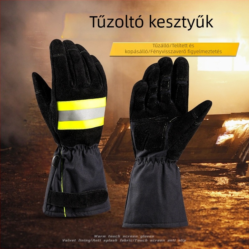 Tűzoltó kesztyűk tüzálló szövettel, hőszigeteléssel, csúszásmentes és kopásálló kivitelezés, érintőképernyő-kompatibilis