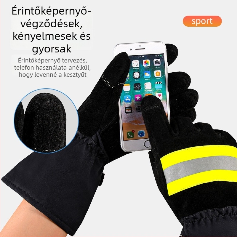Tűzoltó kesztyűk tüzálló szövettel, hőszigeteléssel, csúszásmentes és kopásálló kivitelezés, érintőképernyő-kompatibilis