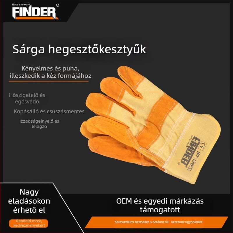 Finder/Discoverer hegesztő kesztyűk, megvastagodott, kopásálló nubuk bőr + vászon, hegesztéshez, munkavédelmi kesztyű