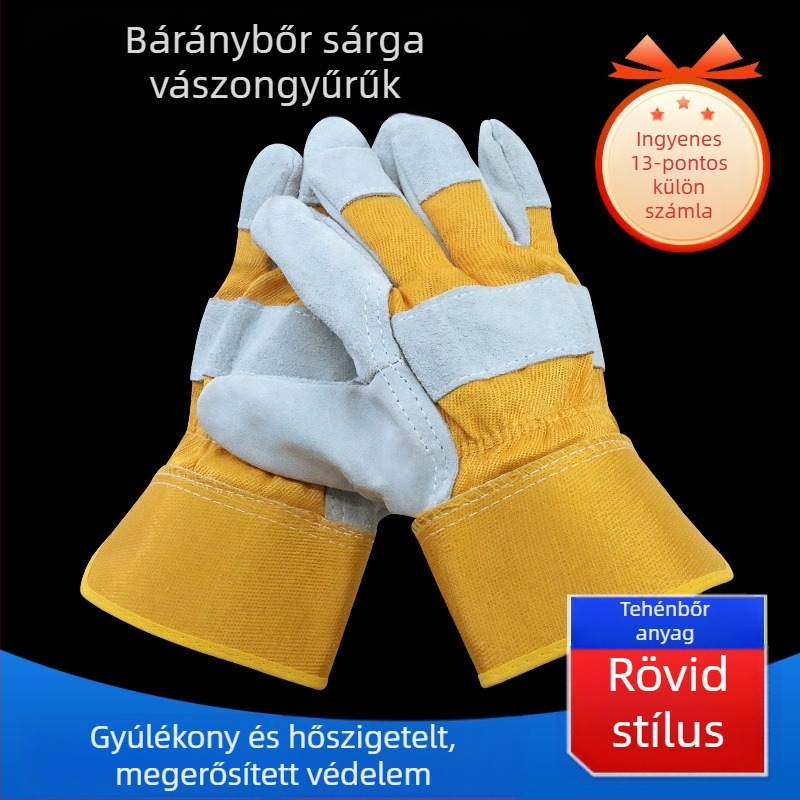 Tűzálló vászon és marhabőrből készült védőkesztyűk; rövid ujjas kanvas munkakesztyűk hardveres feldolgozáshoz