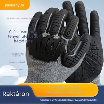 TPE mechanikus kesztyűk vágásbiztos, kopásálló, ütéscsillapító és ütközés elleni védelemmel fúrási és olajbányászati alkalmazásokhoz (97–98 g); gép- és járműgyártás, kertépítés, építőipar
