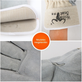 Welding Beast rövid félbőr védőkesztyű, marhabőrből, 280 g, két réteg vászon, elektromos hegesztéshez és fémmegmunkláshoz