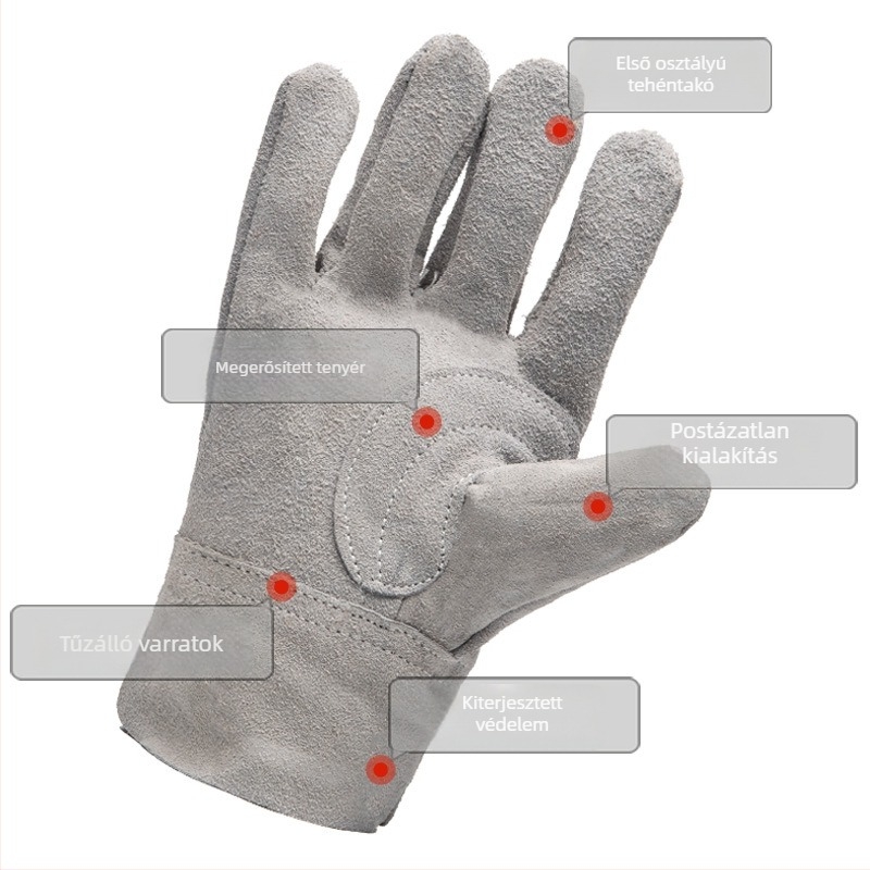 Tehénbőr hegesztő kesztyűk - Magas hőmérséklet-állóság, három bordás kialakítás, égési védelem, hőszigetelés, kopásálló
