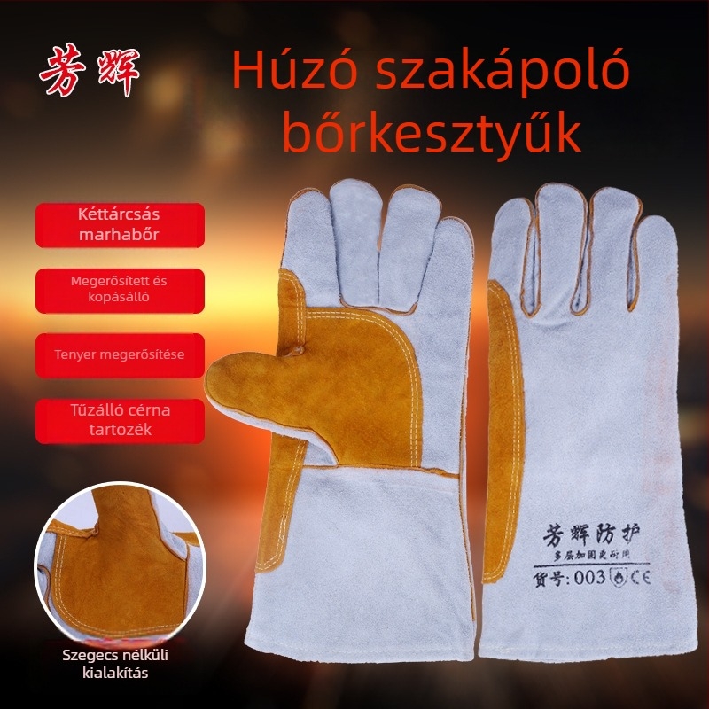 Tehénbőr hegesztő kesztyűk kettős bőrréteggel és velúr bélésével – tartós védő kesztyű hegesztéshez