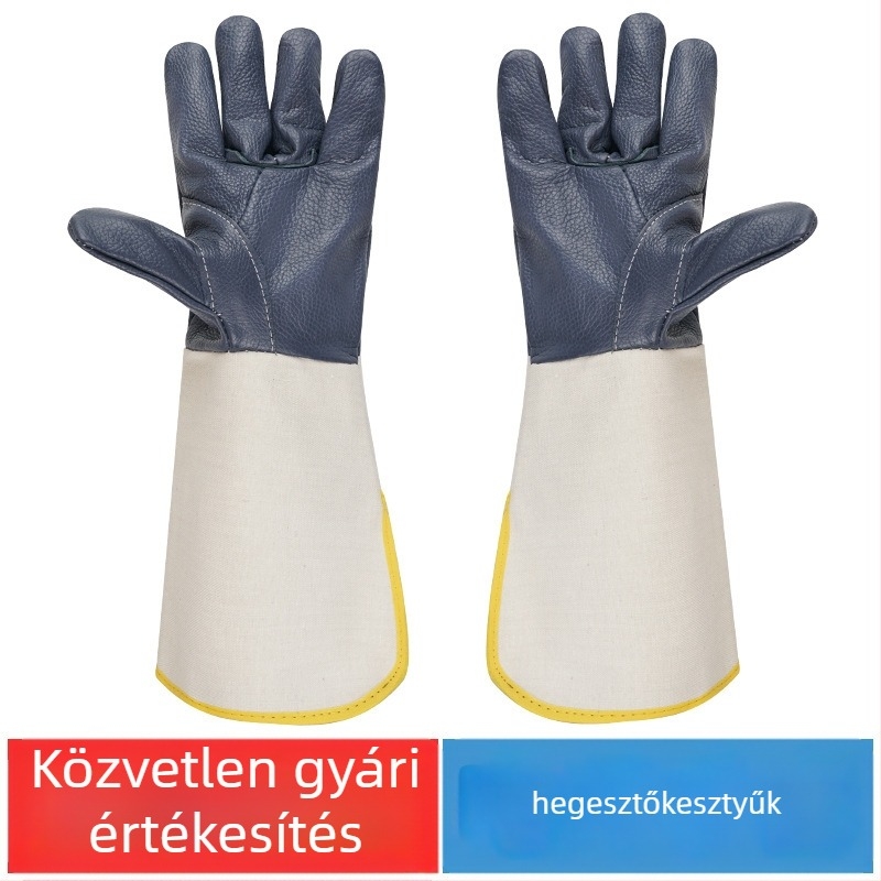 Hegesztő kesztyű vászon és marhabőr anyagból, hosszított mandzsettával, hegesztéshez és köszörüléshez
