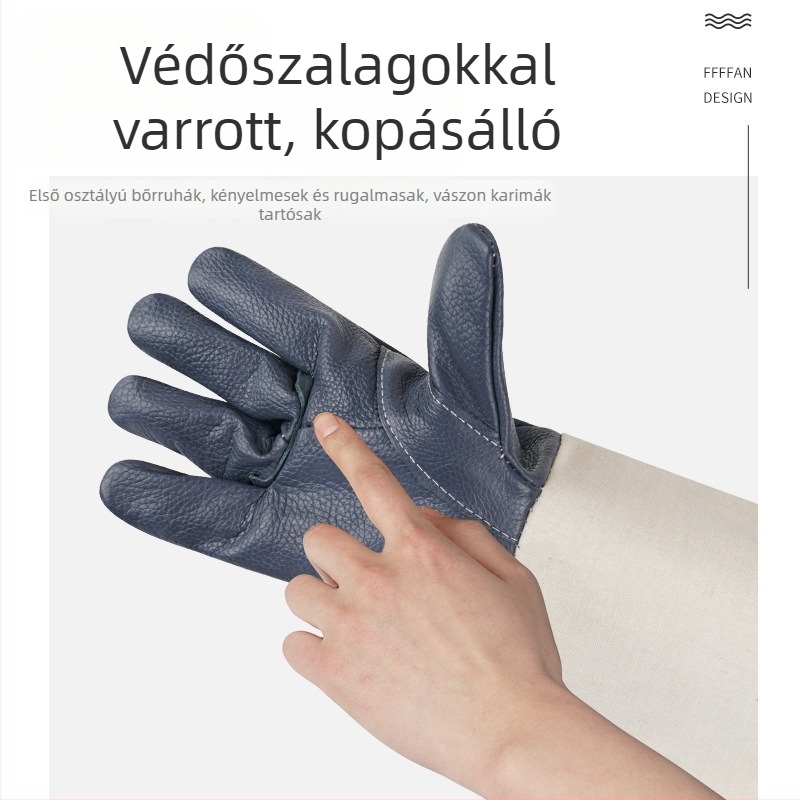 Hegesztő kesztyű vászon és marhabőr anyagból, hosszított mandzsettával, hegesztéshez és köszörüléshez