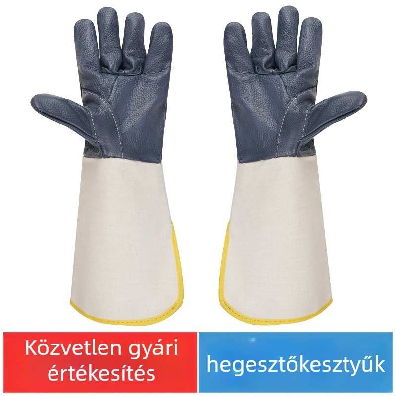 Hegesztő kesztyű vászon és marhabőr anyagból, hosszított mandzsettával, hegesztéshez és köszörüléshez
