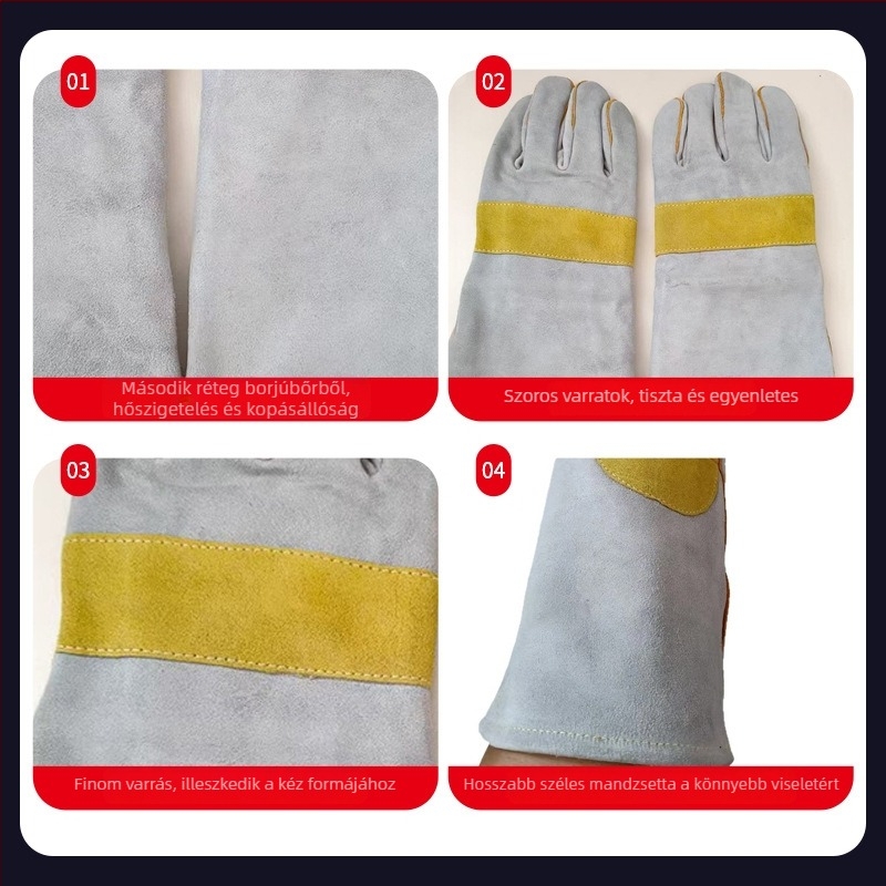 Borjúbőrből készült munkakesztyű hegesztéshez és kültéri munkákhoz — kopásálló, hőálló, hőszigetelő, fröccsenés elleni védelem, lélegző