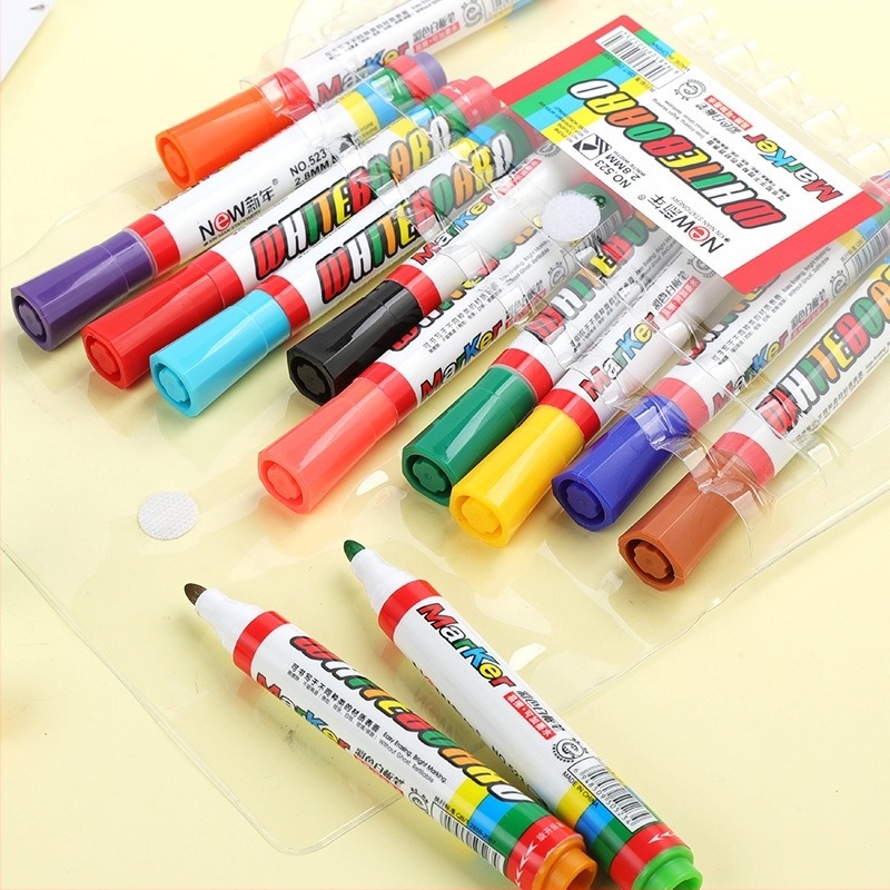 XINNIAN Törölhető fehér táblás marker — műanyag test, újratölthető tinta, alkalmas papír, fehér tábla, üveg és porcelán felületekre; PVC csomagolás; logó nyomtatás elérhető.