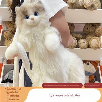 Macska plüss baba hátizsákkal, ragdoll stílus, PP pamut töltet, 7–14 éveseknek