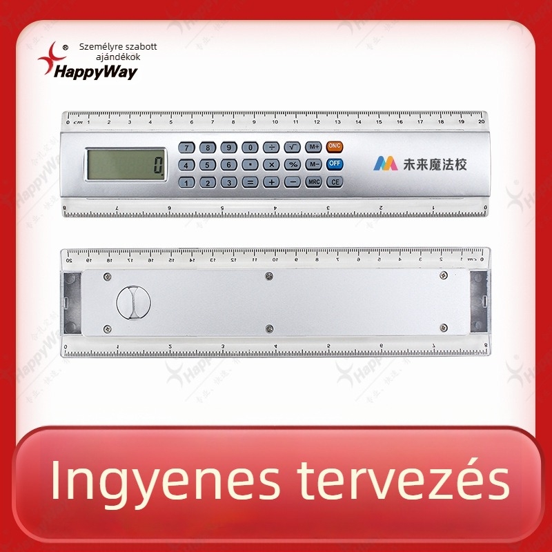 Szabott logóval és többfunkciós vonalzóval ellátott számológép, ABS anyagból, 8 számjegyű kijelző, elemmel