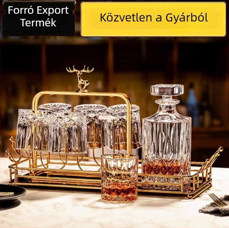 Skandináv stílusú üvegpohár-készlet, tartalmaz 1 palackot, 6 poharat, szarvas pohártartót és tükrös tálcát