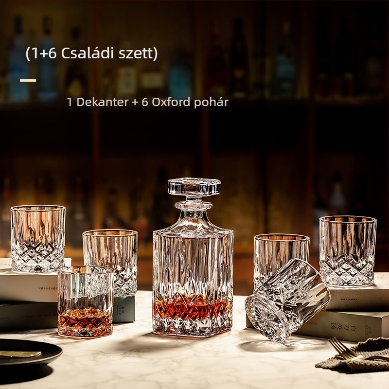 Skandináv stílusú üvegpohár-készlet, tartalmaz 1 palackot, 6 poharat, szarvas pohártartót és tükrös tálcát