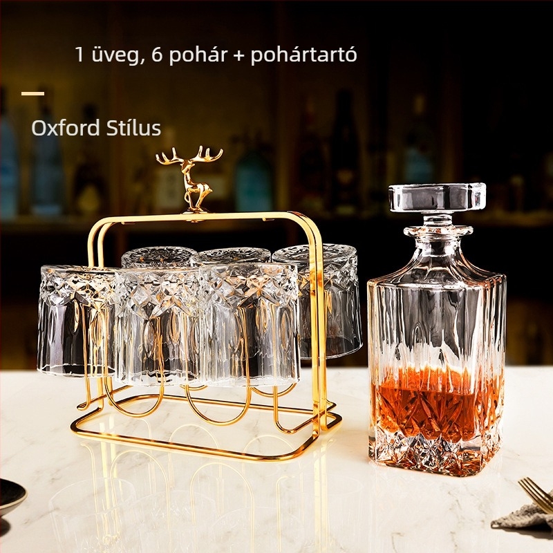 Skandináv stílusú üvegpohár-készlet, tartalmaz 1 palackot, 6 poharat, szarvas pohártartót és tükrös tálcát