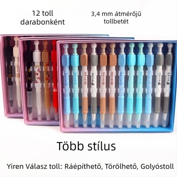 Törölhető forgó toll tintaszákkal, műanyag tokkal, rozsdamentes acél heg, dobozos csomagolásban, 12 darab/doboz