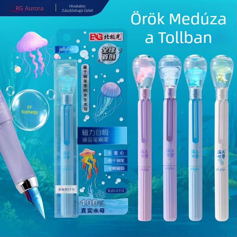 Aurora Borealis Jellyfish toll EF csúccsal, cserélhető tintapatronnal, három bemélyedéses markolattal, sima tintaáramlás, gyors száradás, ideális az írás gyakorlásához.