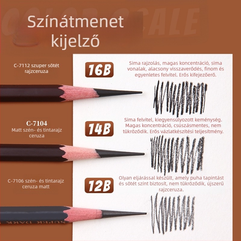 Marie’s C7104 kezdő sketch ceruzák — 12B, 14B, 16B, matt felület, szénalapú tinta művészeti vizsgákhoz