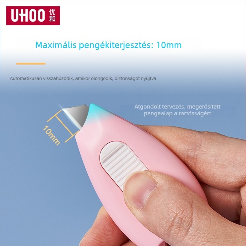 Hordozható mini irodai kés csomagok felnyitására és papírt vágására, modell 7152, anyag: fém/plasztik, penge 10, teljes hossz 65 mm, tömeg 20 g
