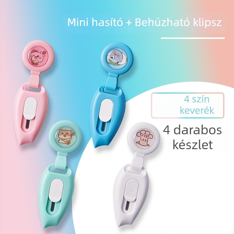 Hordozható mini irodai kés csomagok felnyitására és papírt vágására, modell 7152, anyag: fém/plasztik, penge 10, teljes hossz 65 mm, tömeg 20 g