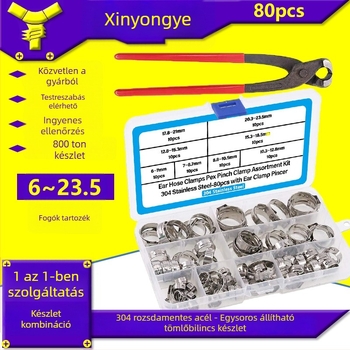 Clamp torokgyűrű — 80 db, 304 rozsdamentes acél, egyfülű, lépcsőzetes, 6–23,5 mm, fogóval