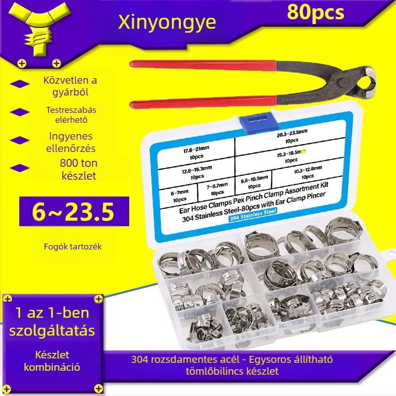 Clamp torokgyűrű — 80 db, 304 rozsdamentes acél, egyfülű, lépcsőzetes, 6–23,5 mm, fogóval