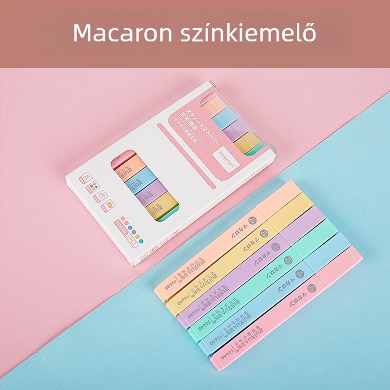 Puha fejű kiemelő toll, négyszögletes tokkal; modell 0639, műanyag ház, 6 darabos csomagolás, nem törölhető, nyomtatott logó, testreszabás elérhető.