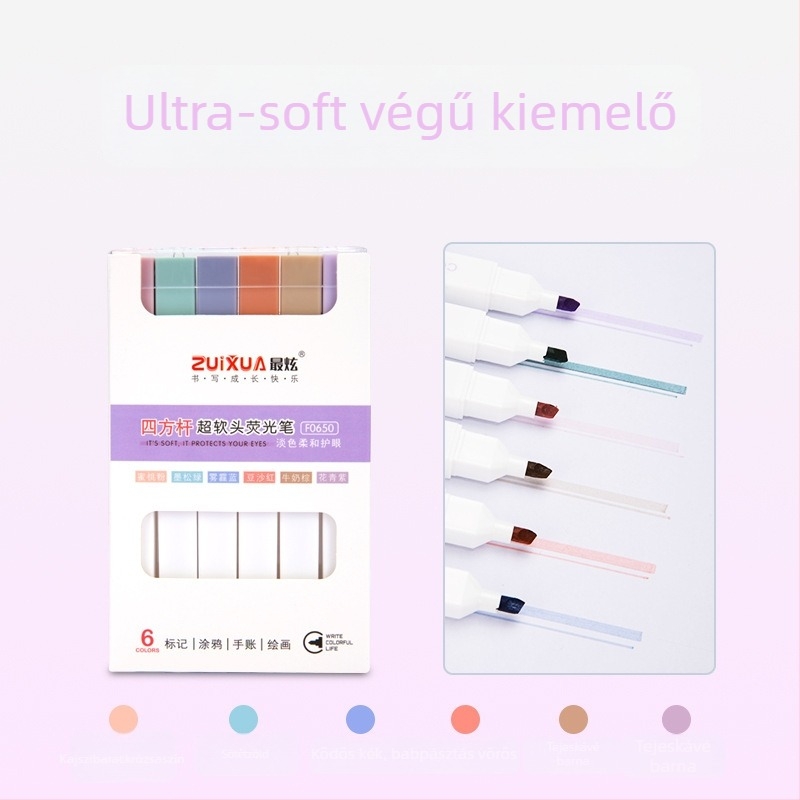 Puha fejű kiemelő toll, négyszögletes tokkal; modell 0639, műanyag ház, 6 darabos csomagolás, nem törölhető, nyomtatott logó, testreszabás elérhető.