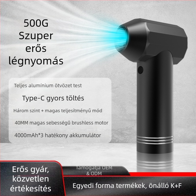 Vezeték nélküli turbóventilátor brushless motorral, beépített 6000mAh akkumulátor, 4 sebesség, zaj 45-50 dB, USB töltés