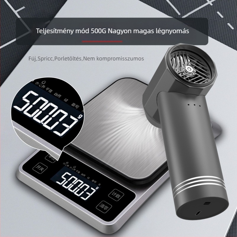 Vezeték nélküli turbóventilátor brushless motorral, beépített 6000mAh akkumulátor, 4 sebesség, zaj 45-50 dB, USB töltés