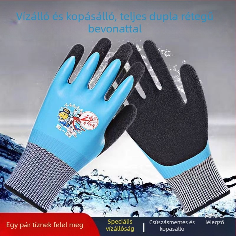 Munkavédelmi kesztyűk: olajálló, vízálló, kopásálló, vastagított kaucsuk, latex; építkezéseken és gyárakban