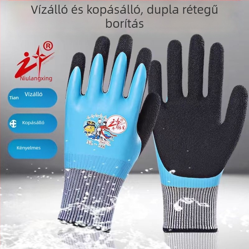 Munkavédelmi kesztyűk: olajálló, vízálló, kopásálló, vastagított kaucsuk, latex; építkezéseken és gyárakban