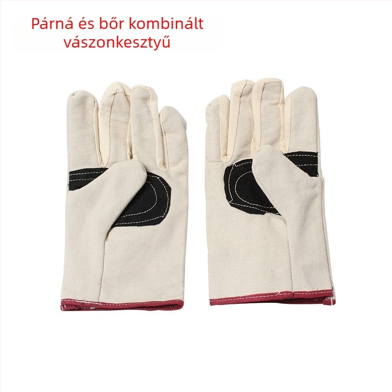 Kétrétegű vászon védőkesztyű hegesztéshez és gépkarbantartáshoz; erősített kivitel, hőszigetelő és kopásálló, 24 cm hosszú