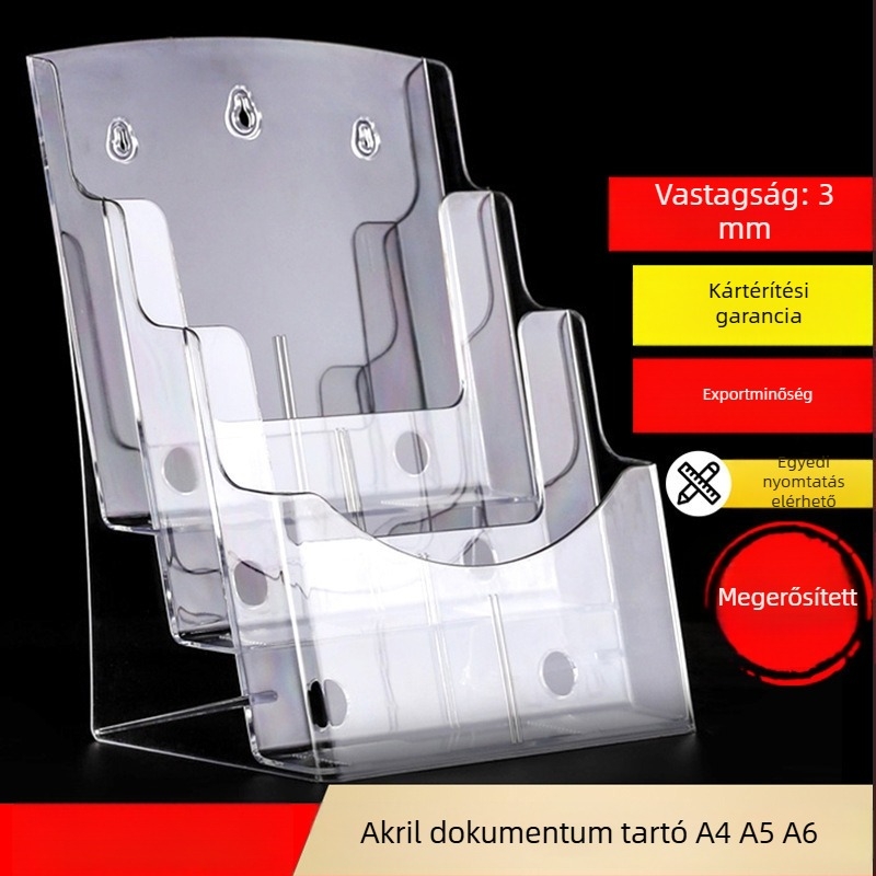Akril információs polc, 4-szintes asztali irattartó brosúrák és szórólapok számára, 10 cm közbenső távolság