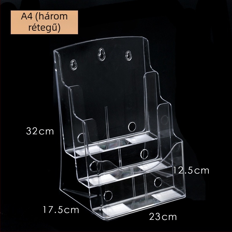 Akril információs polc, 4-szintes asztali irattartó brosúrák és szórólapok számára, 10 cm közbenső távolság