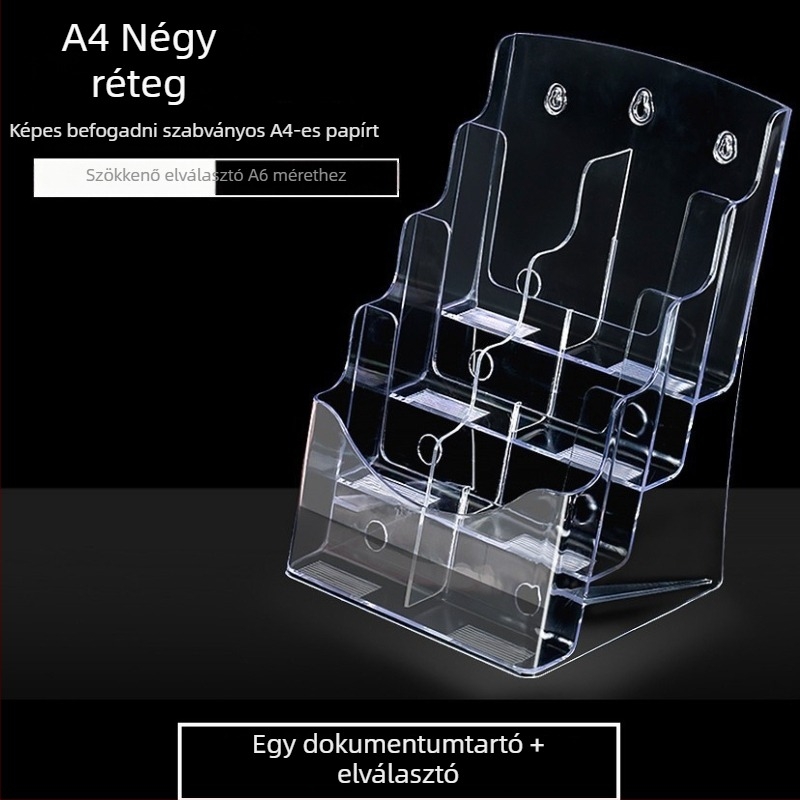 Akril információs polc, 4-szintes asztali irattartó brosúrák és szórólapok számára, 10 cm közbenső távolság