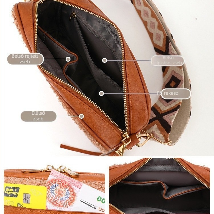 Női PU crossbody táska, vízszintes négyszögletes forma, cipzáras záródás, poliészter bélés, belső cipzáras rekesz