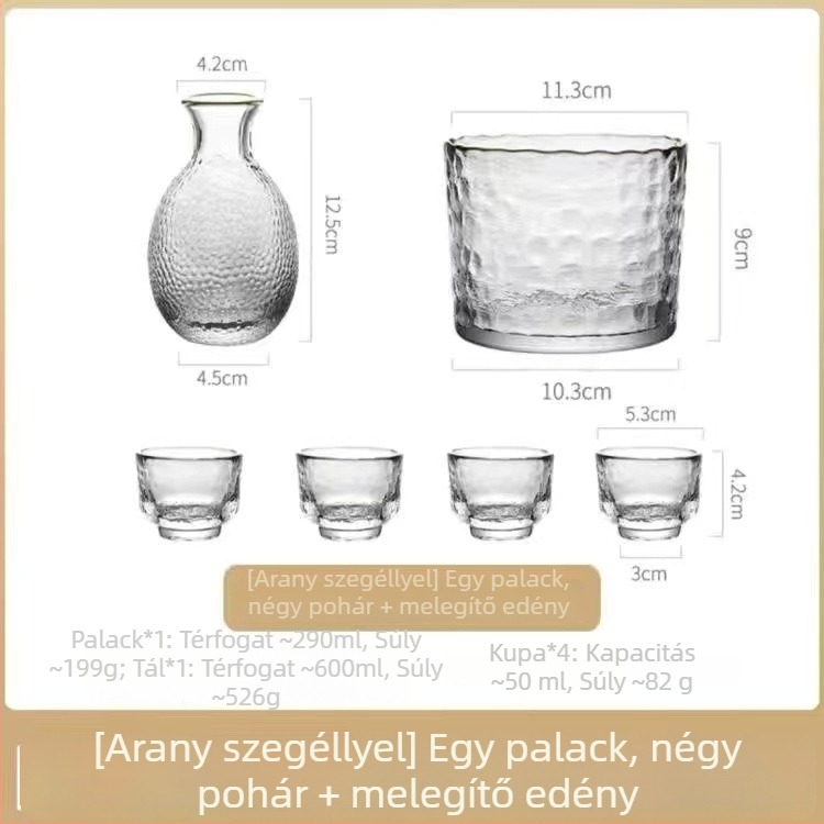 Hőálló üvegből készült bormelegítő készlet poharakkal és edénnyel, 6 darabos készlet, stílus National Tide Wind
